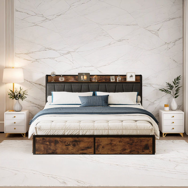 Brown And Gray California King Size Bed, 4 Drawers, Charging Headboard, Stable And Quiet, Spring-free, Easy To Install.
