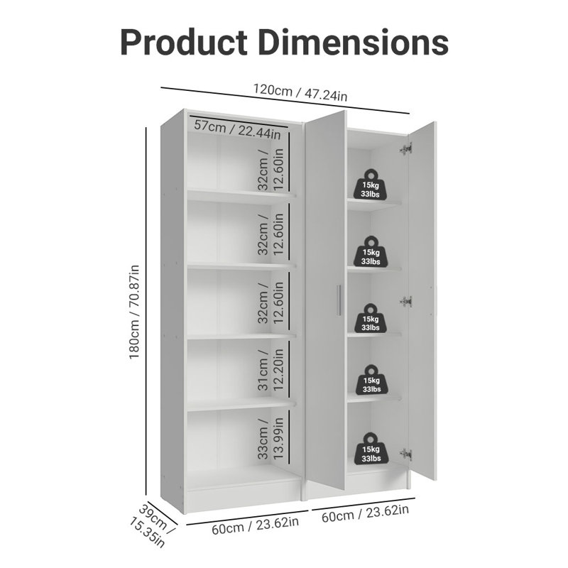 Armoire garde-robe avec garde-robe et garde-robe avec 4 portes et 10 tablettes utilitaires de 47 po Latitude Run®, Blanc