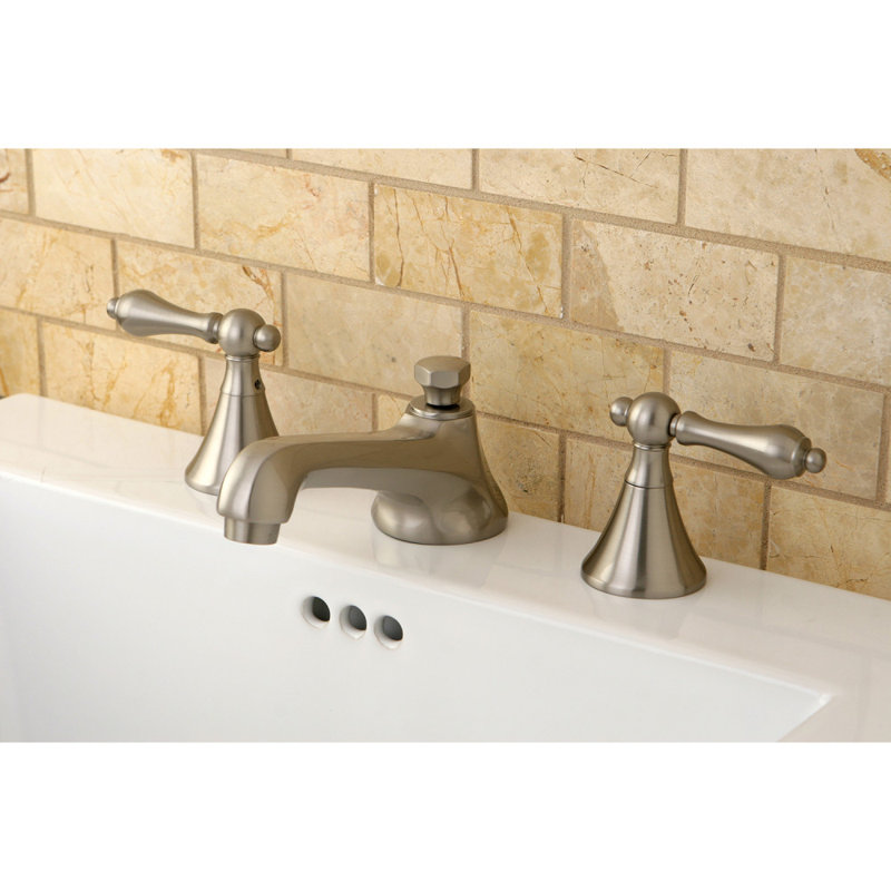 Kingston Brass Two-Handle 3-Hole Deck Mount Widespread Bathroom Faucet with Brass Pop-Up Drain, Brushed Nickel
