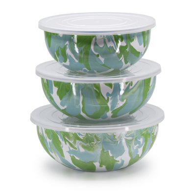 Golden Rabbit Enamelware Modern Monet Set of 3 Large Mixing Bowls with Lids
