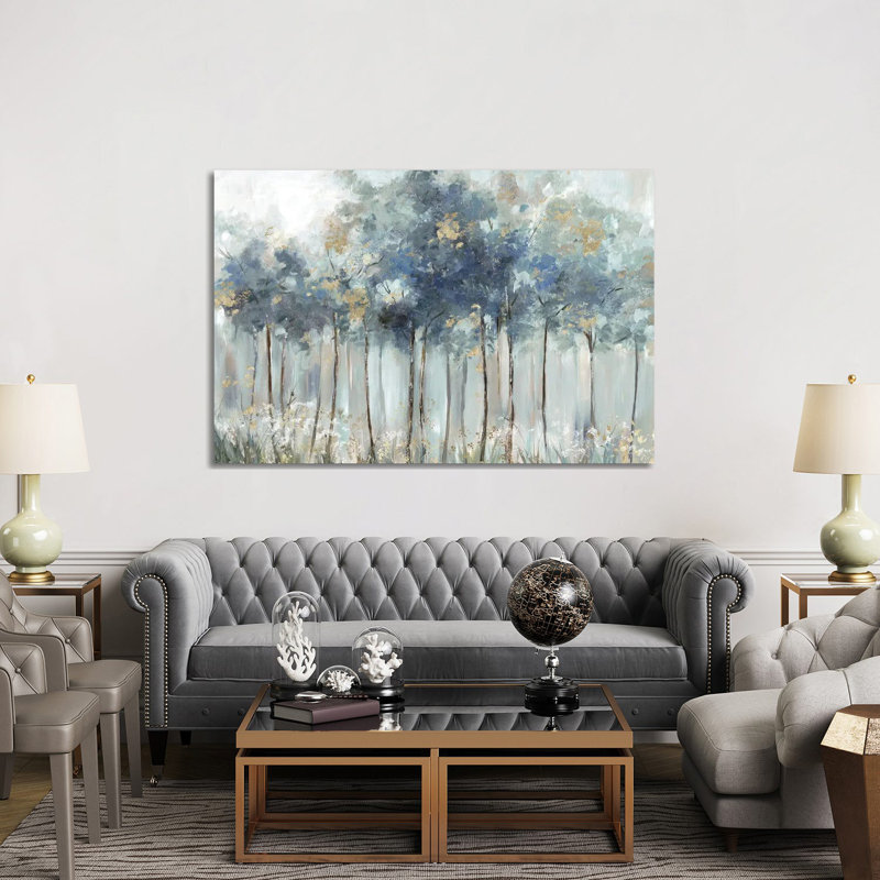Blue Golden Forest - Estampe numérique sur toile tendue avec châssis, 40" H x 60" W