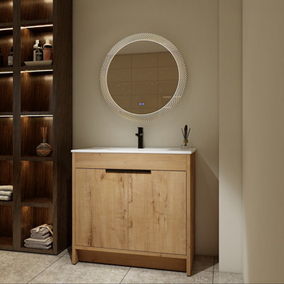 Meuble-lavabo autoportant 36 po avec lavabo en céramique blanche et rangement à fermeture en douceur