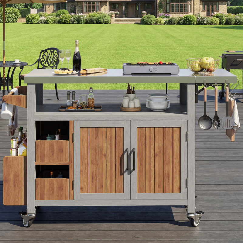 Outdoor Serving Cart With Extendable Side Shelf & Stainless Steel Top