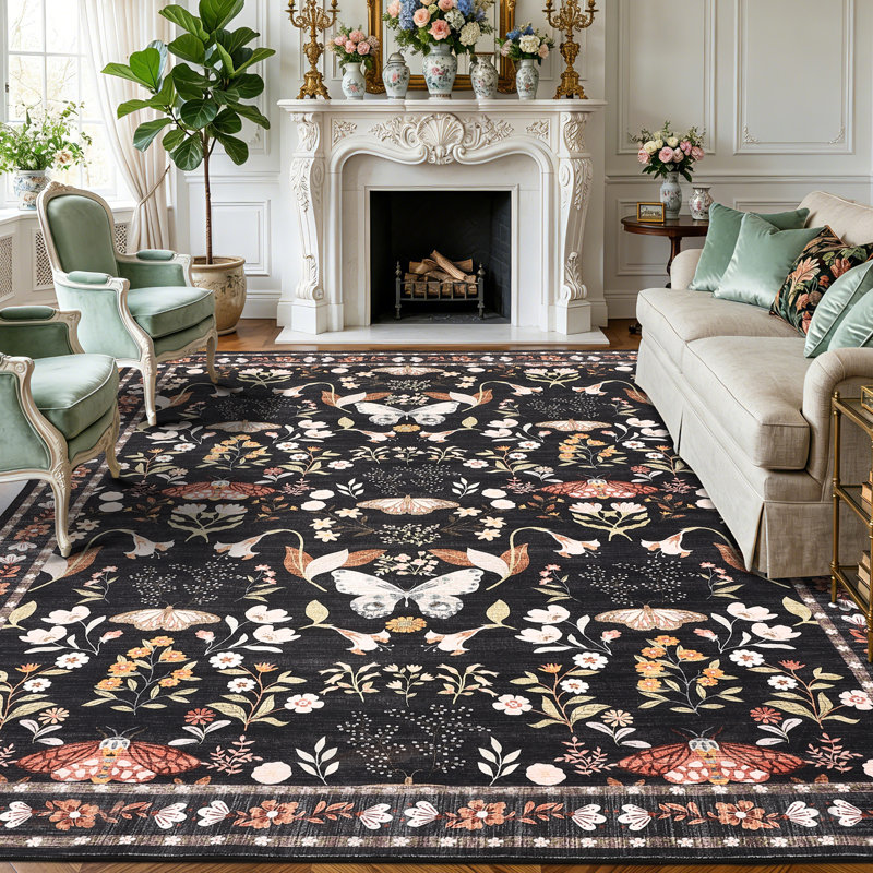 5x7 Washable Area Rug, Non-Slip Low Pile Rug with Butterfly Floral, Stain Resistance Carpet for Living Room, Bedroom, Dining Room, Black
