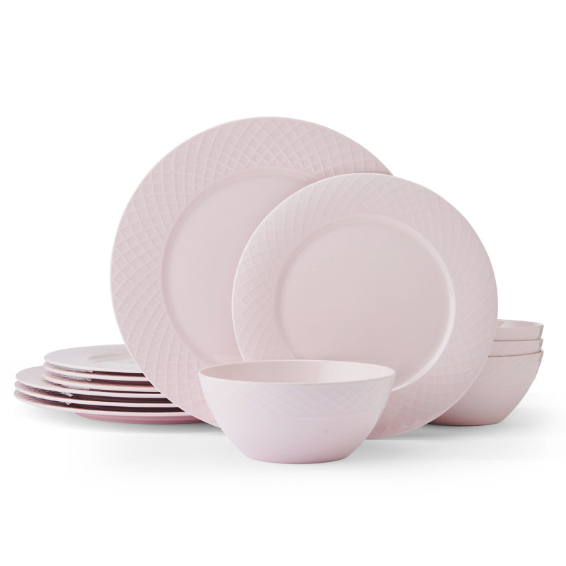 Trellis Pink 12-Pc Dinnerware Set, Service For 4, Bone China