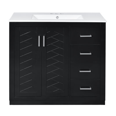 Meuble-lavabo de 36 po avec lavabo en céramique, meuble de rangement en bois massif, ensemble de meuble-lavabo autoportant moderne avec 3 tiroirs et portes à fermeture douce, bleu