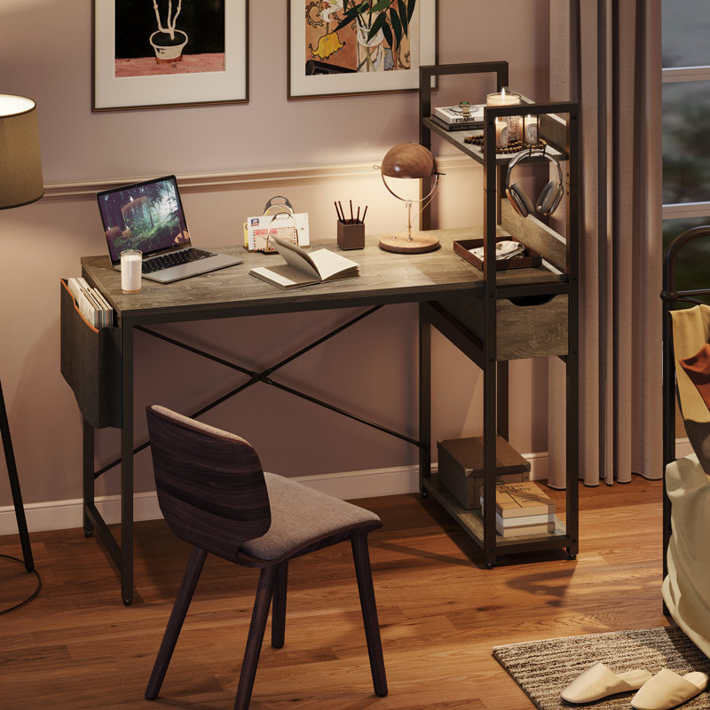 Mamedov 91.5cm Metal Base Computer Desk with Storage Bag, Home Office Desk with Open Shelf, Retro Grey/Oak