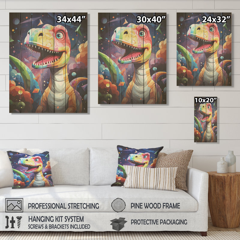 Cubiste mignon, dinosaure pour enfants - dinosaure sur bois, H 44 po x l 34 po