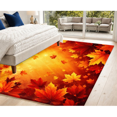 Tapis lavable à la machine à motif de feuilles d'érable d'automne avec envers antidérapant, motif vibrant de forêt d'automne baignée de soleil, tapis de sol au design artistique, décoration intérieure confortable pour salon, chambre, entrée, cuisine, balcon, appartement