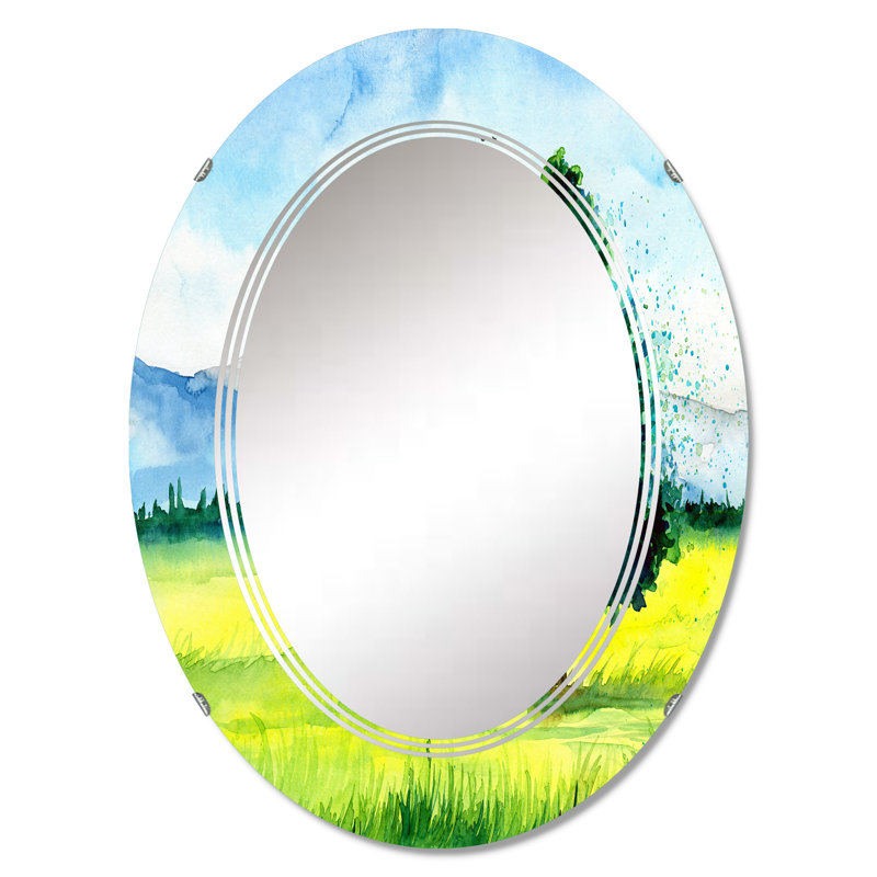 Le champ jaune avec le bel arbre - miroir mural champêtre ovale, 36 po x 24 po