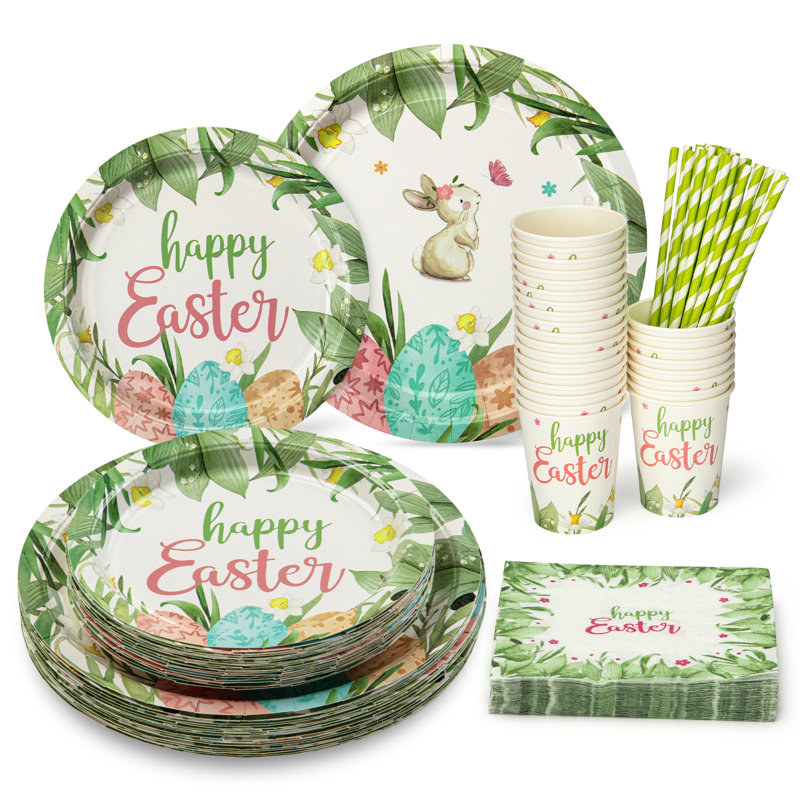 Ensemble de 125 fournitures de fête pour Pâques pour 25 invités, ensemble de vaisselle jetable