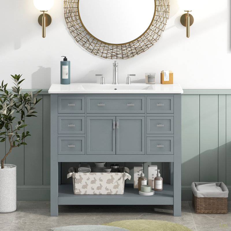 Meuble-lavabo 36 po avec lavabo supérieur, armoire de rangement moderne avec 2 portes à fermeture douce et 6 tiroirs, meuble-lavabo simple