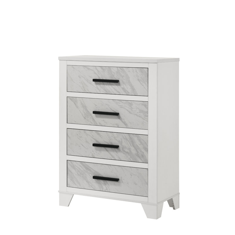 Contemporary 4-Drawer Faux Marble Inset Solid Rubberwood Hachaliah with Metal Glide and Black Bar Pulls