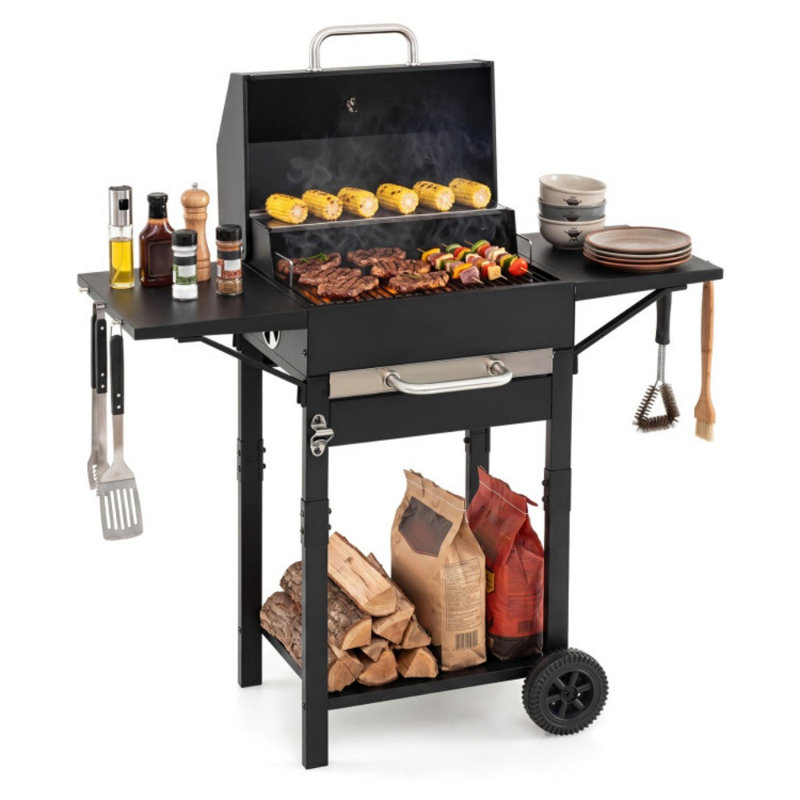 Barbecue au charbon de bois avec 2 tables d'appoint et foyer réglable, 284 pouces carrés.