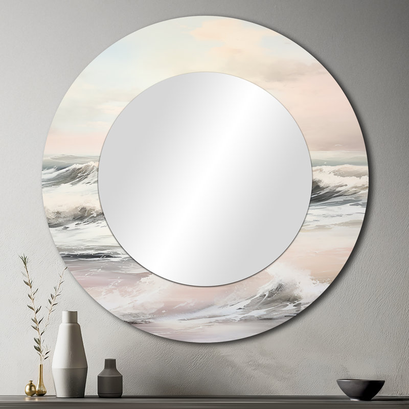 Sabatina Beige Pink Minimalism Tranquil Whispers I - Minimalism Wall Mirror, Beige Round Decorative Mirror, Printed Metal Art