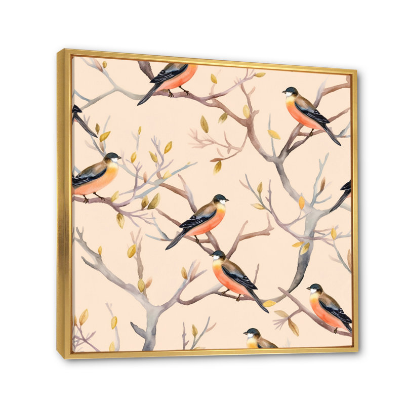 «Little Birds On The Tree Branches», reproduction d'art sur toile encadrée, Cadre flottant doré, H 30 po x l 30 po x P 1 po