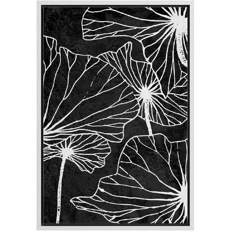 «Lotus Leaf Botanical Plants» noir et blanc, reproduction d'art moderne sur toile encadrée neutre, Blanc
