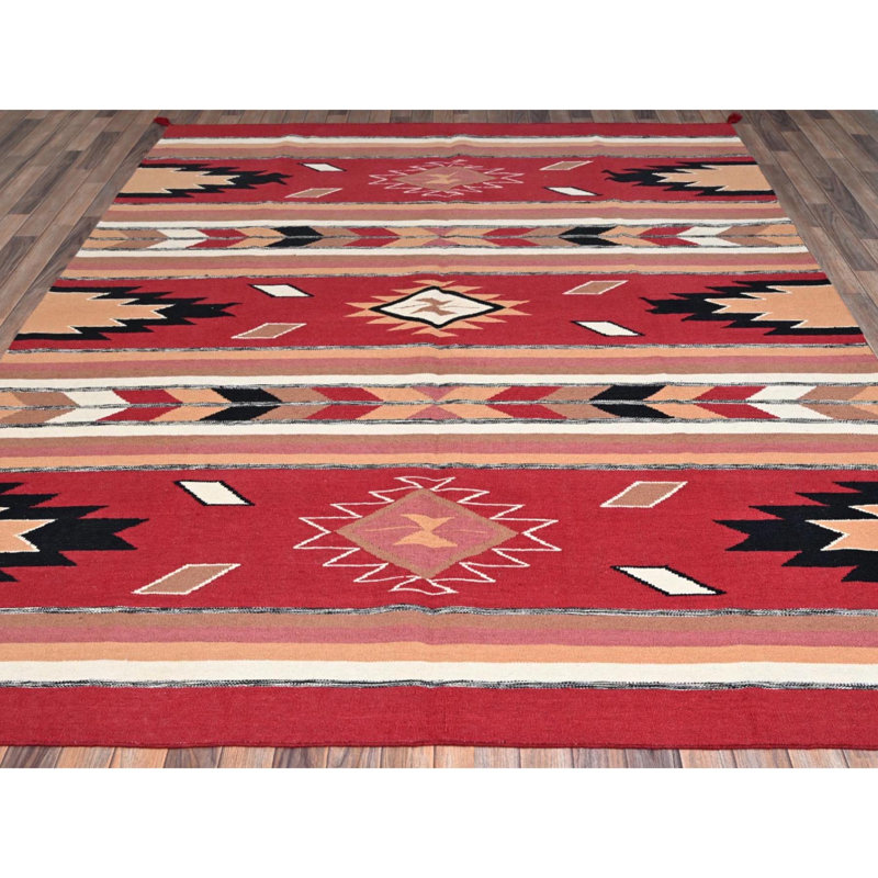 Tapis oriental rouge tissé à la main 8 pi 3 po x 9 pi 10 po, motif géométrique tissé à la main, 100% laine tissé à la main