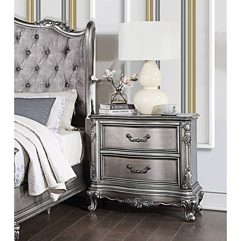 Table de chevet 2 tiroirs Ariadne en platine antique