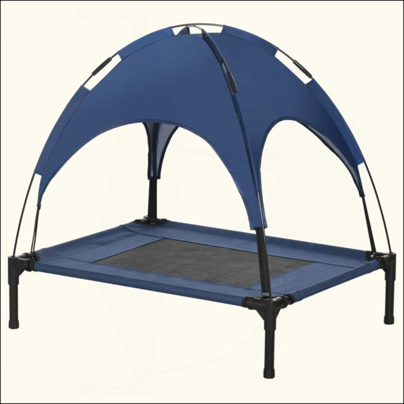 Lit surélevé pour chien avec auvent, lit pour chien respirant en filet respirant avec structure en acier thermolaqué, lit pour chien surélevé portable avec sac de voyage pour chiens d'intérieur et de plein air