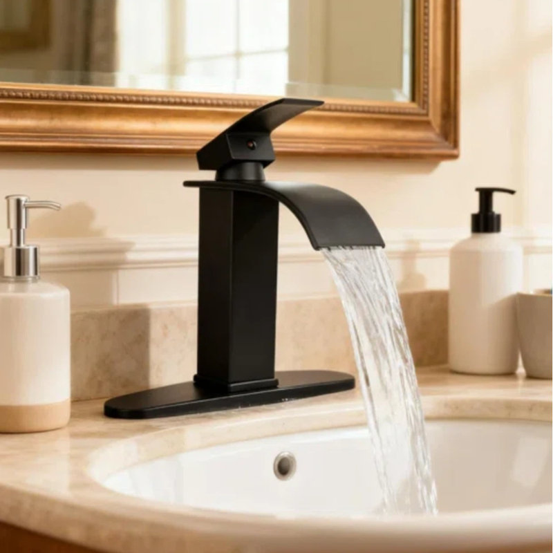 Robinet de salle de bain noir à cascade, robinet de meuble-lavabo à poignée simple, robinet de lavabo à vasque pour salle de bain avec robinet et plaque de pont, laiton massif / noir mat