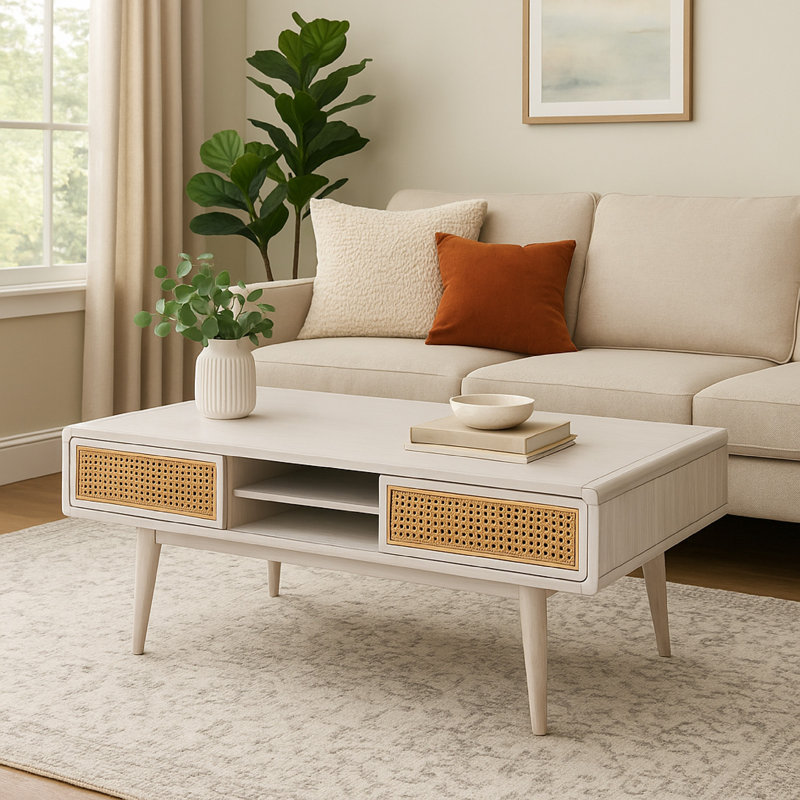 Table basse Camy, portes tressées brun, tablette ouverte, blanc 48 po