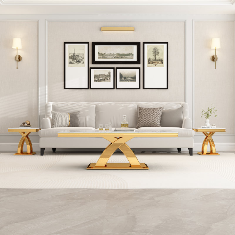 Rectangle Coffee Table With Luxury Mirrored Double X-Base, Gold