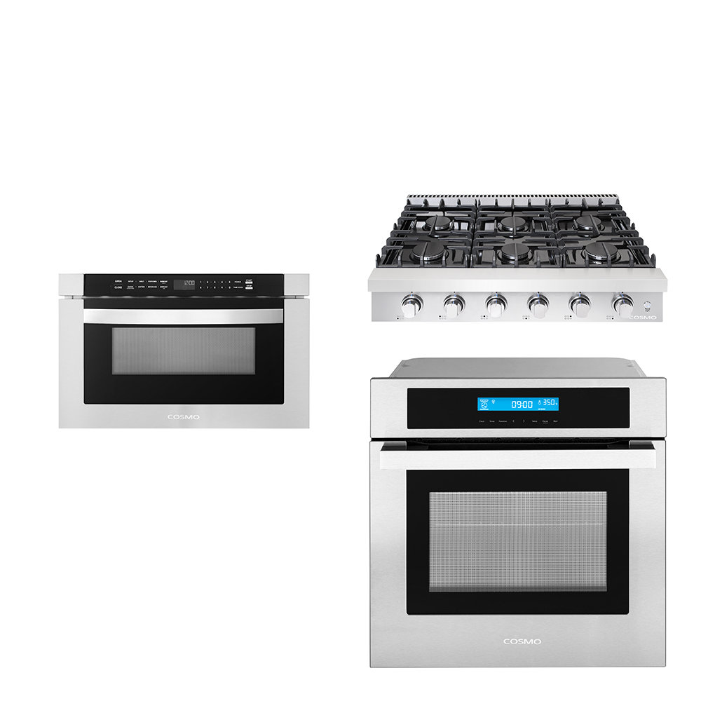 Cosmo 3 Piece Kitchen Appliance Package with 35.88'' Gas Cooktop , Wall Oven , and Microwave Drawer Cosmo