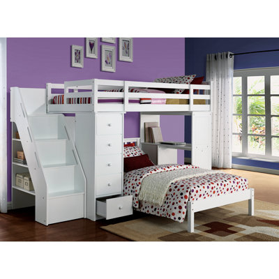 Lit mezzanine avec rangement - Blanc 19 po x 35 po H 59 po avec bibliothèque et bureau