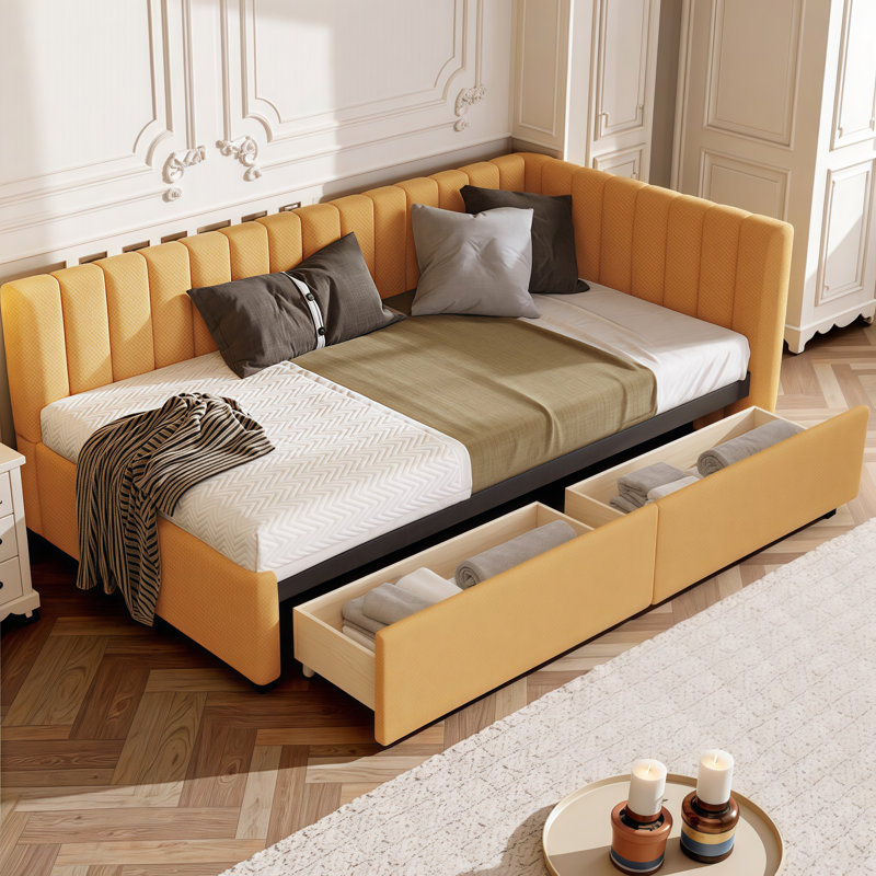 Durable Upholstered Storage Daybed Twin/Full Size with 2 Drawers - No Box Spring Needed, Twin, Yellow