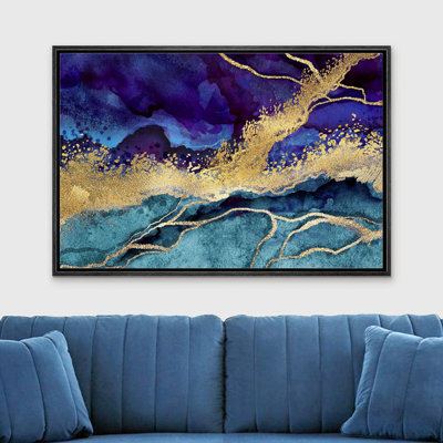 Mauve, or, sarcelle, marbre, paysage, formes abstraites, moderne, sur toile