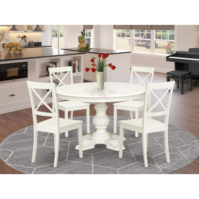 5-Piece Dining Room Table Set 4 Wooden Chairs with X-Back Style and Round/Oval shape Table - Linen White Finish