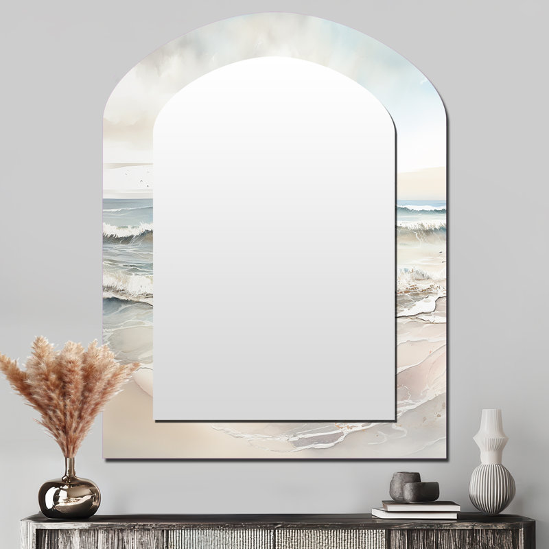 Coastal Ocean Charm In Winter IV - miroir asymétrique océan, miroir mural décoratif de forme libre beige, impression d'art en métal
