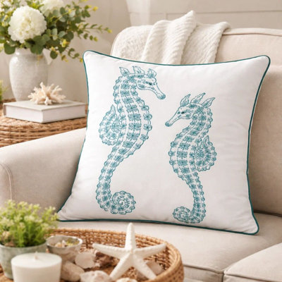 Coussin Meo, hippocampe brodé, velours bleu blanc, carré de 20 pouces