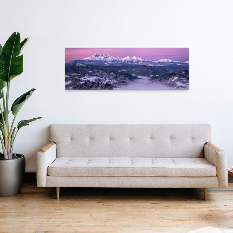 «Purple Mountain Dawn», art dramatique serein abstrait, paysage de forêt, H 16 po x l 48 po