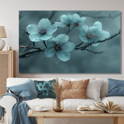 'Monochrome Blue Cherry Blossom Raindrop Reflection - Cherry Blossom Wall Decor