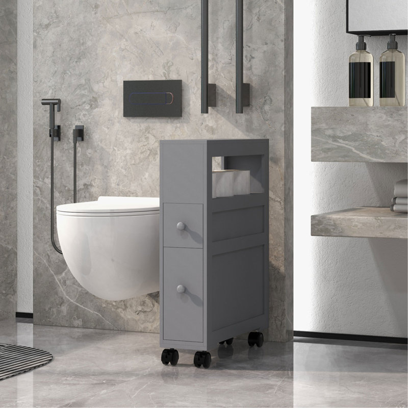 6.25" X 20.5" X 28.25" Wood Rolling Narrow Bathroom Side Storage Cabinet, Gray