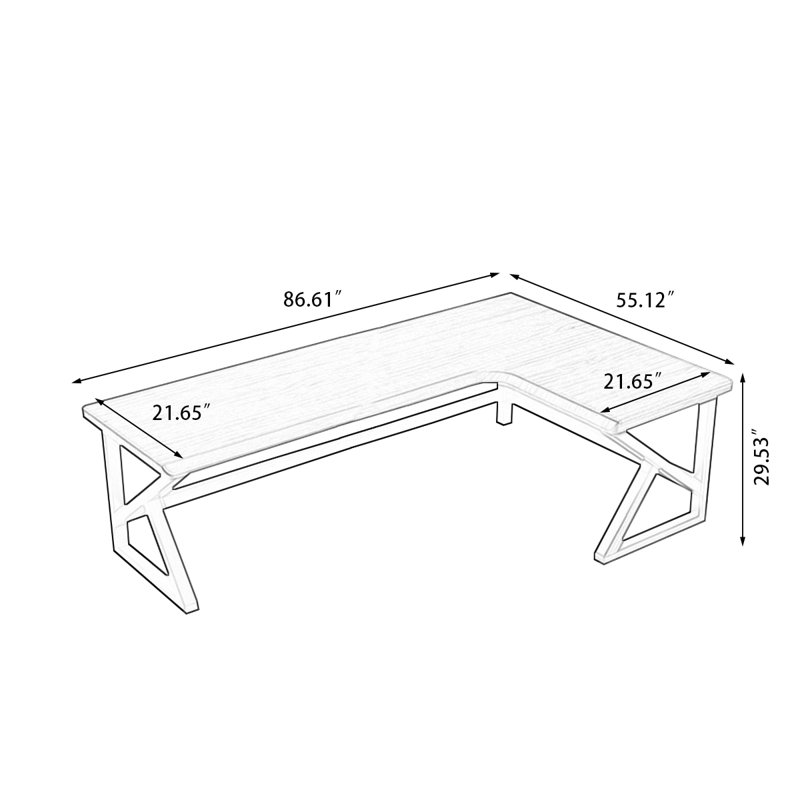 Noyer clair + bureau en bois massif en forme de L noir + fer, Retour à droite, H 29,53 po x l 86,61 po x P 55,12 po