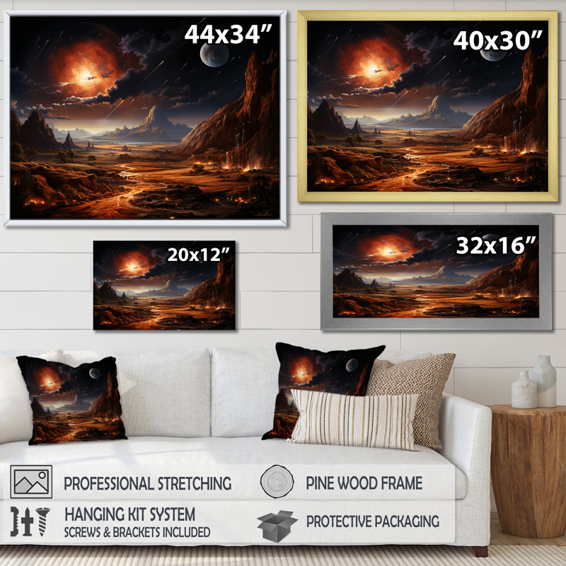 «Futur Cosmic Sunrise On Moon II», art mural de la planète espace, Cadre flottant noir, H 24 po x l 32 po x P 1 po