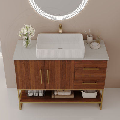 Meuble-lavabo moderne de 36 pouces avec lavabo vasque en céramique et cadre doré