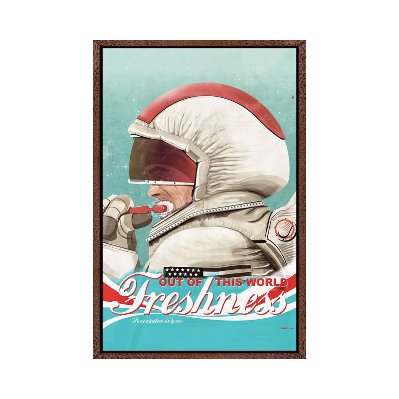 Spaceman Brushing Their Teeth - Painting on Canvas, Classic Brown Wood Framed, 101.6 cm H x 66.04 cm W