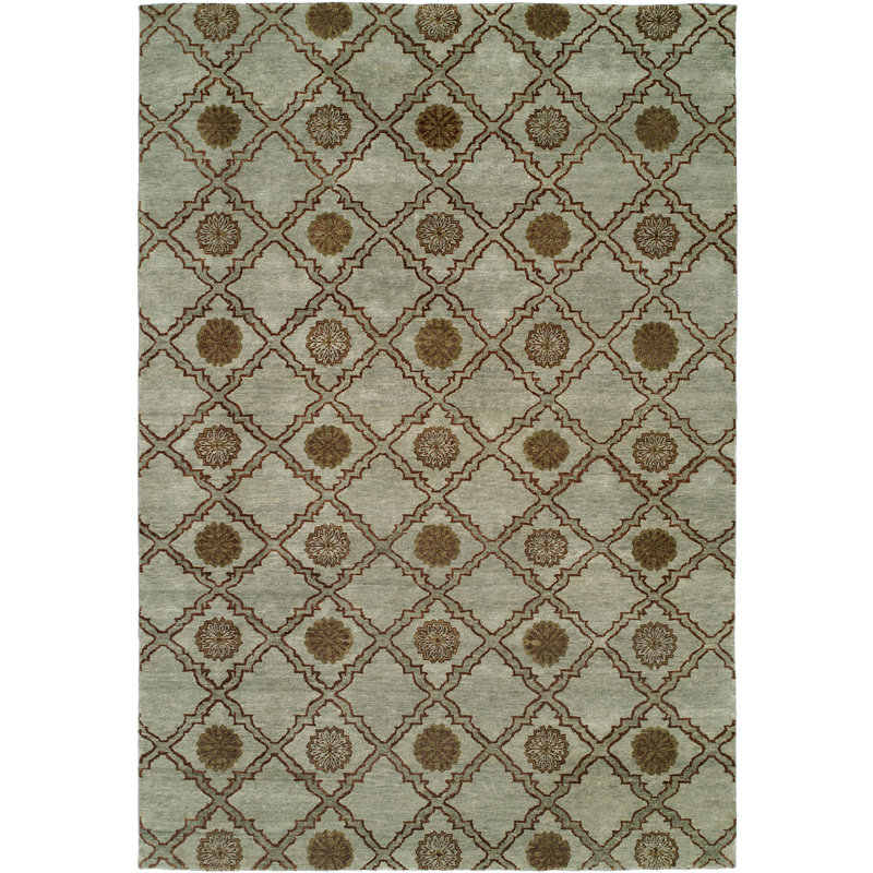 Tapis géométrique bleu clair en laine noué à la main, Rectangle 4 pi x 6 pi