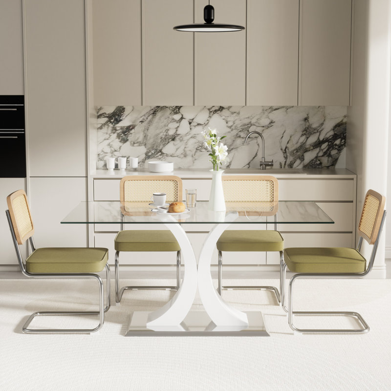 Ensemble de salle à manger rectangulaire, Vert olive, Blanc, 5 pièces: table, 4 chaises