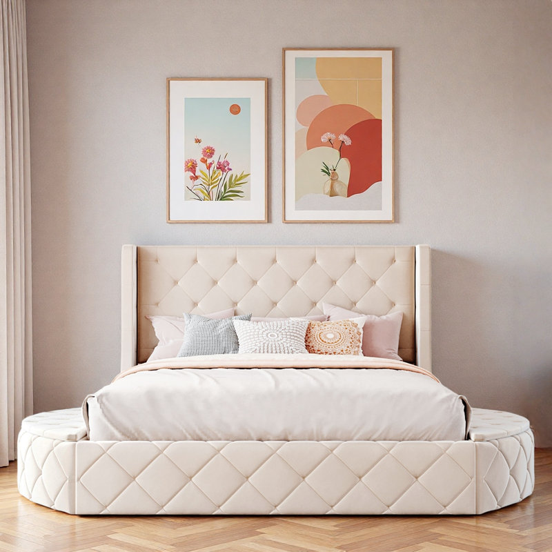 Lit plateforme tapissier avec tête de lit à oreilles, 1 grand tiroir et 2 tabourets de rangement latéraux, Beige