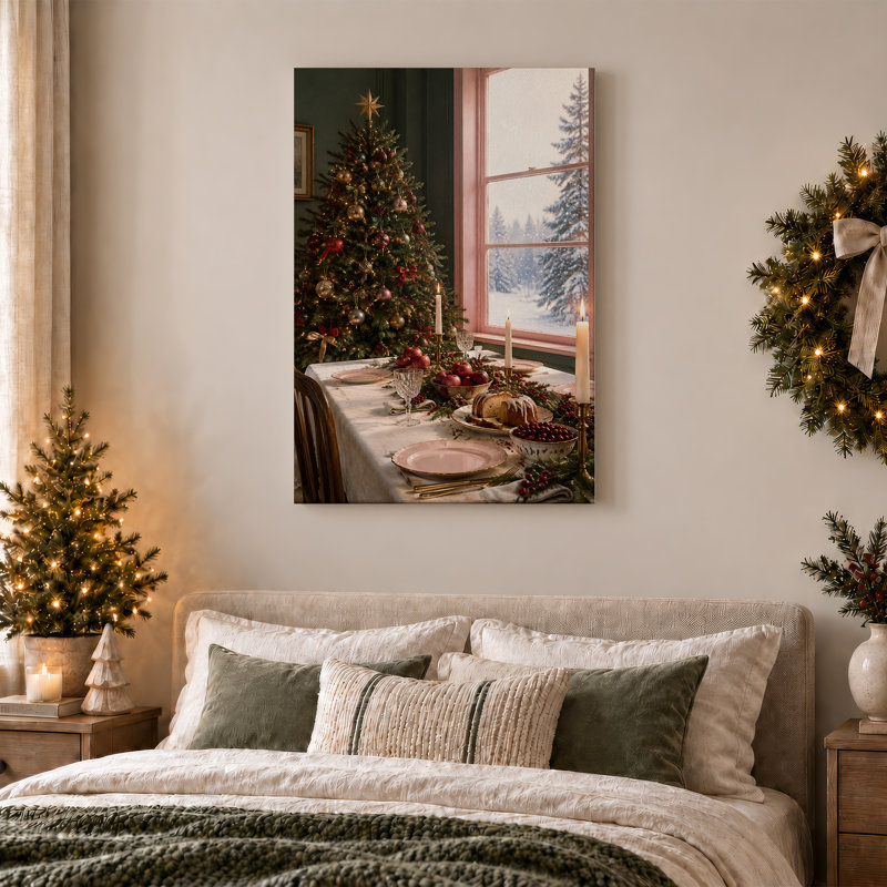 " Holiday Feast Table With Tree And Snow View Christmas " Painting, 30"H x 20"W