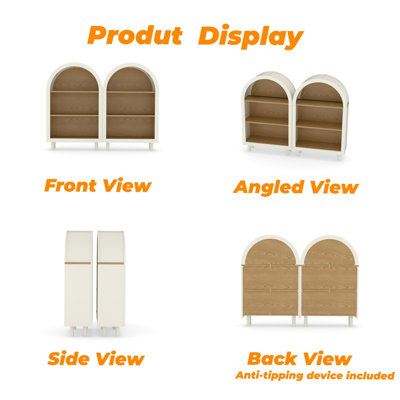 Petite bibliothèque arquée, armoire de rangement arquée, bibliothèque supérieure arquée en bois moderne avec 3 tablettes, blanc avec tablettes en grain de bois, étagère de rangement à 3 niveaux pour le salon, la chambre à coucher, le vestibule