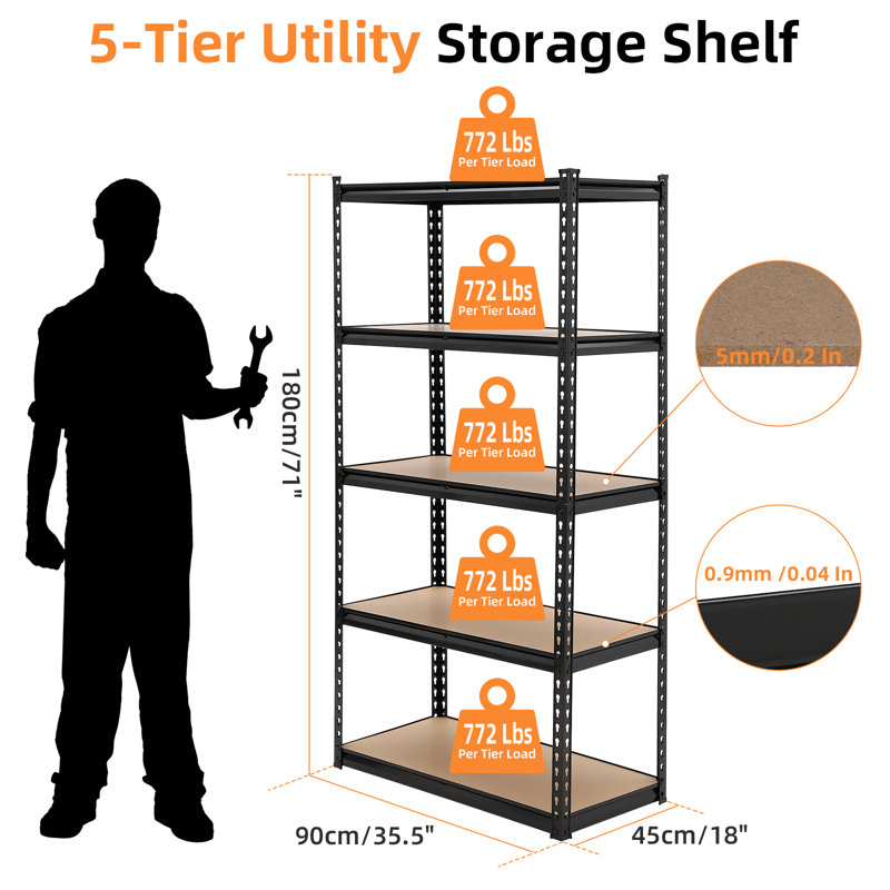 Garage Storage Shelves, 5-Tier Utility Shelves, Adjustable Storage Shelves, Load 3860 Lbs, Black
