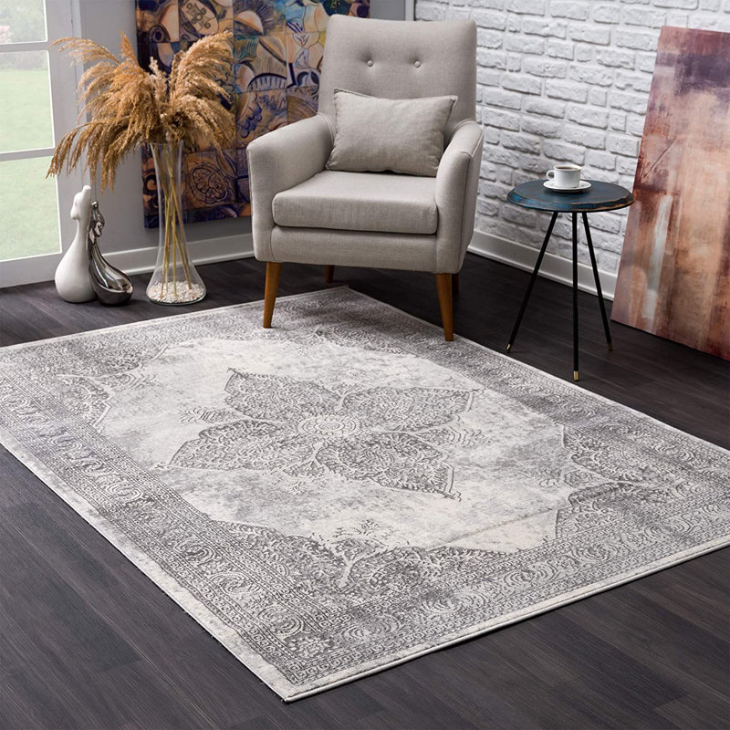 Tapis médaillon gris vieilli 4 pi x 6 pi, Tapis de couloir 2 pi x 6 pi