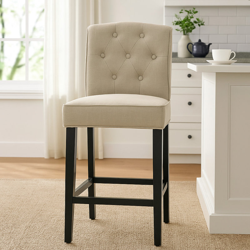 Ensemble de 2 chaises à hauteur de comptoir Kiy, siège beige capitonné, pieds en bois noir