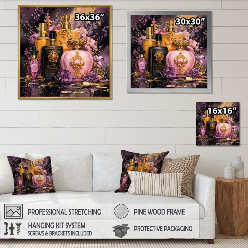 Elegant Perfumes - Toiletries Canvas Print, 30" H x 30" W, Picture Framed Print, White
